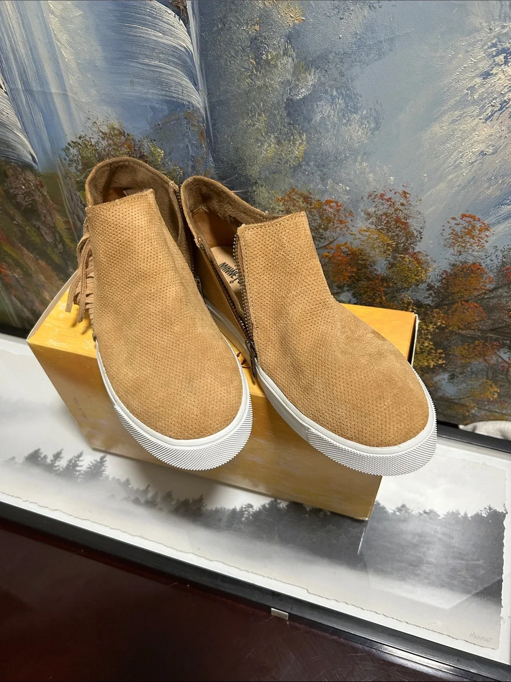 Minnetonka Women’s Tan Suede Slip-On Sneakers .